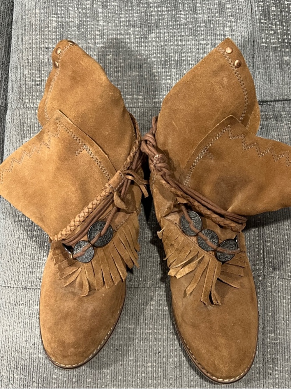 Musse & Cloud Tan Suede Fringe Ankle Booties with Braided Wrap
